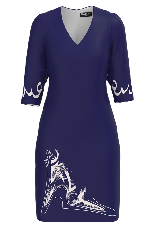 Rochie casual albastra cu decolteu in V imprimata grafic abstract