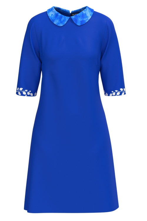 Rochie casual albastra cu guler imprimata floral