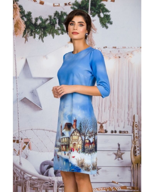 Rochie casual bleu imprimata Craciun CMD303 - Img 4