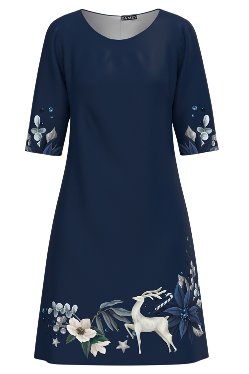 Rochie casual bleumarin imprimata cu motive de Craciun AW24