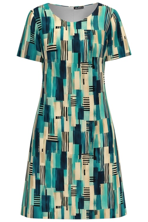 Rochie casual imprimata Geometrie turcoaz
