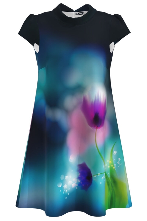 Rochie casual in nuante de albastru imprimata Lalele CMD2486 - Img 2