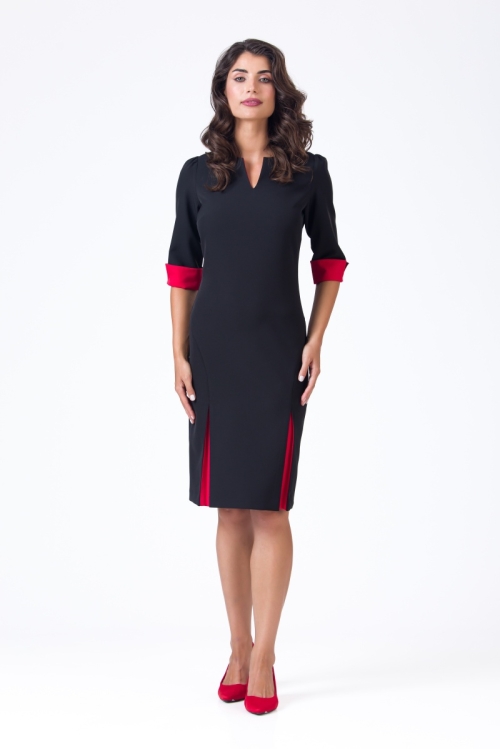 Rochie casual neagra cu detalii rosii in contrast