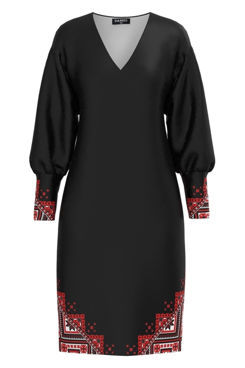 Rochie casual neagra din catifea cu imprimeu traditional rosu