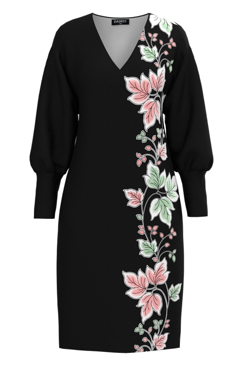 Rochie casual neagra din catifea imprimata cu model floral