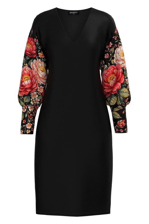 Rochie casual neagra din catifea imprimata floral