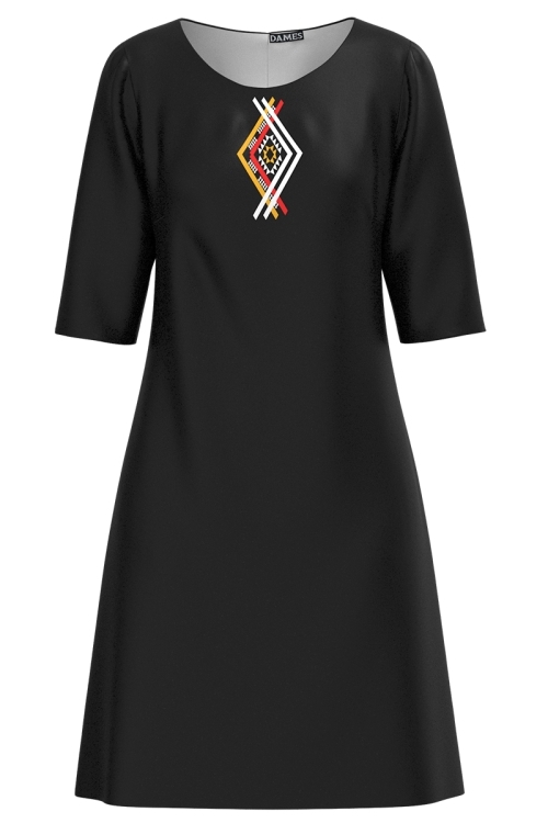 Rochie casual neagra imprimata cu model traditional