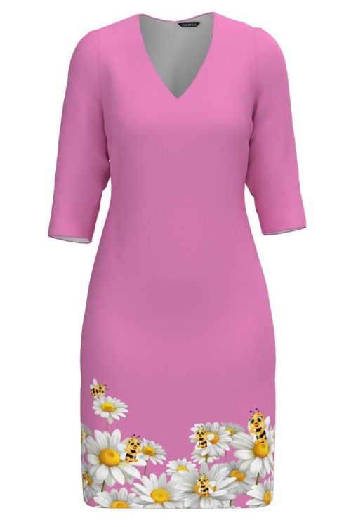 Rochie casual roz cu decolteu in V imprimata Albinute - Img 2