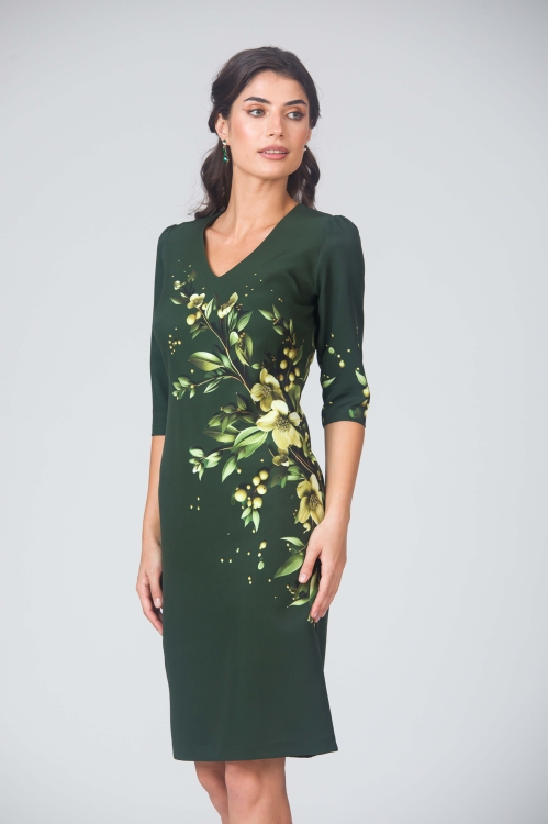 Rochie casual verde cu decolteu in V imprimata cu model floral CMD4808 - Img 2