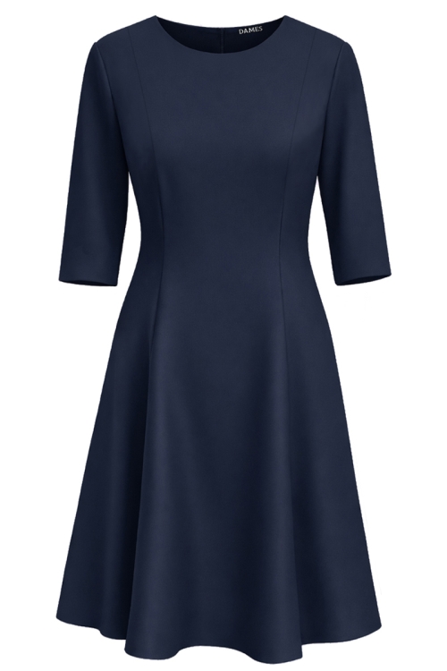 Rochie clos bleumarin in clini cu buzunare si maneci trei sferturi
