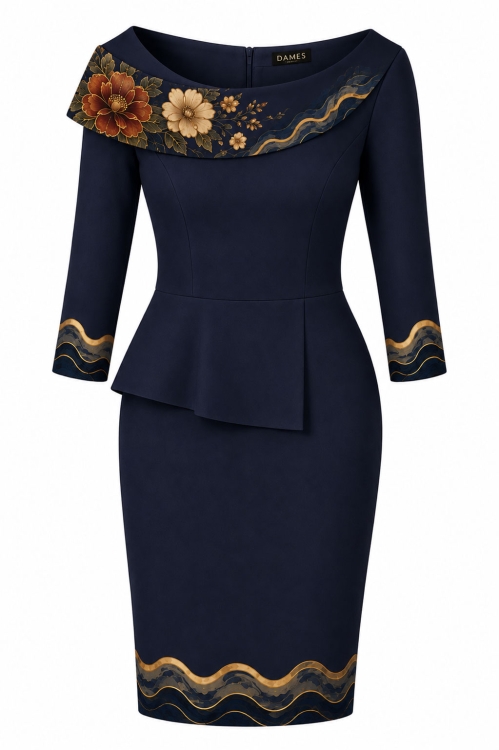 Rochie conica bleumarin cu volan si detaliu Taina Florilor
