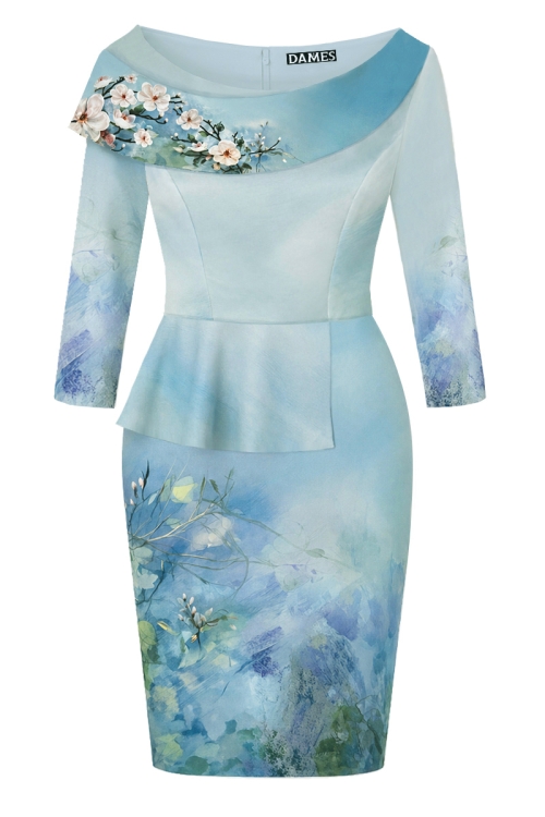 Rochie conica in nuante de bleu cu volan si detaliu floral