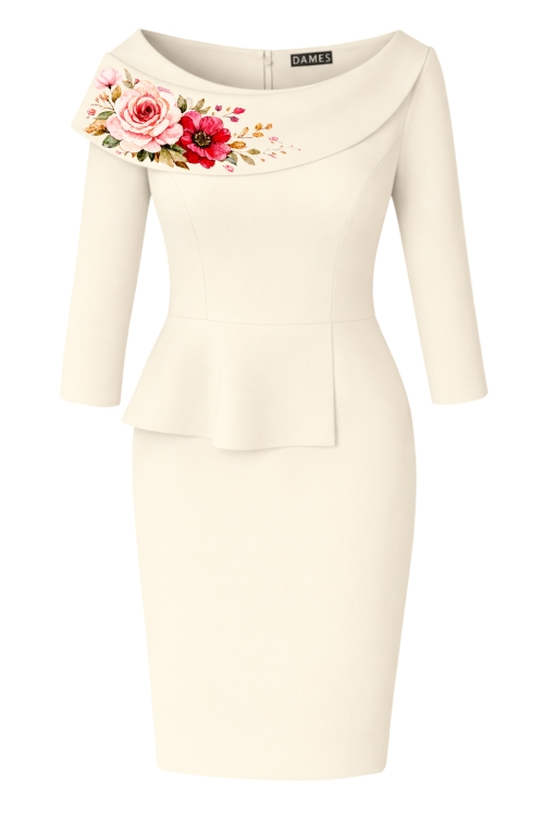 Rochie conica ivory cu volan si detaliu floral
