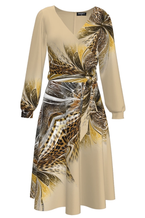 Rochie crem eleganta cu maneca lunga imprimata animal print CMD1585 - Img 2