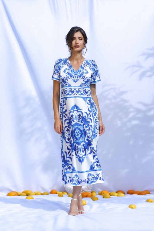 Rochie de vara alba lunga cu buzunare imprimata cu model Albastru CMD2939 - Img 1