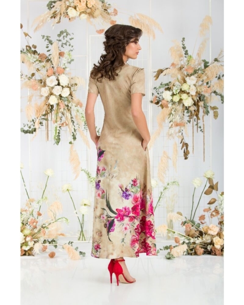 Rochie de vara bej lunga cu buzunare imprimata digital Floral CMD723 - Img 6