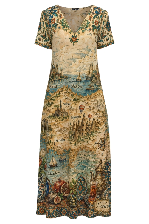Rochie de vara lunga cu buzunare imprimata Cartoline Turcia