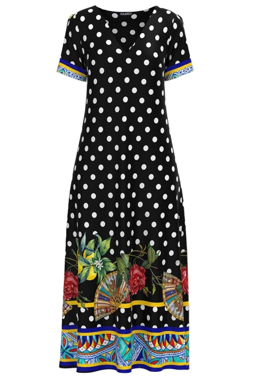 Rochie de vara neagra lunga cu buzunare imprimata cu model buline CMD2920 - Img 2