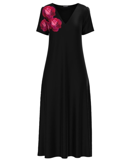 Rochie de vara neagra lunga cu buzunare imprimata cu model floral CMD2624