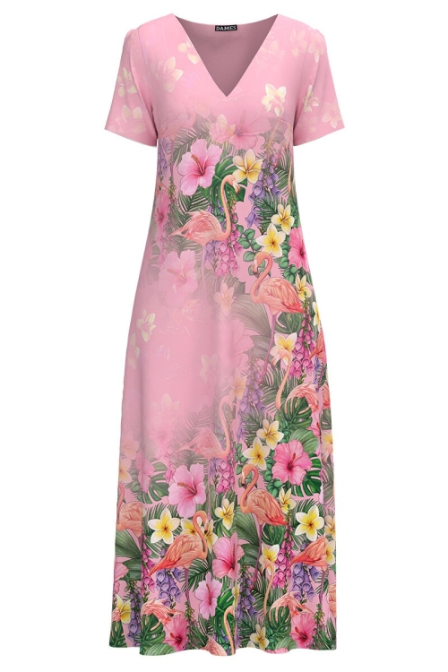 Rochie de vara roz lunga cu buzunare imprimata cu model Flamingo CMD2850 - Img 2