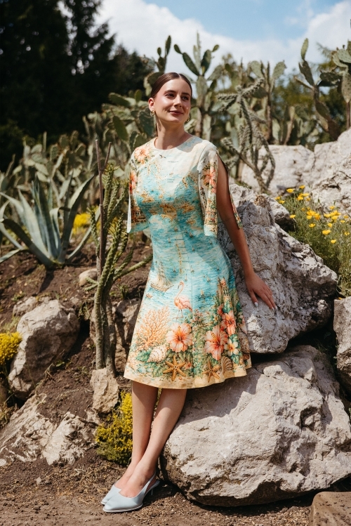 Rochie din crepe cu maneci despicate Cartoline Caraibe
