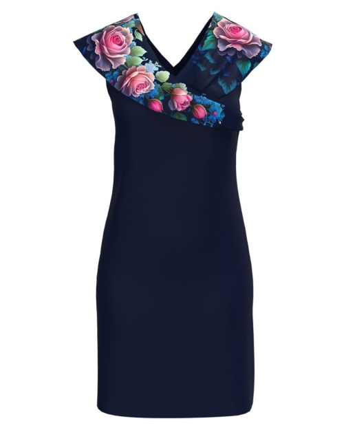 Rochie eleganta bleumarin cu decolteu si detalii pe umeri
