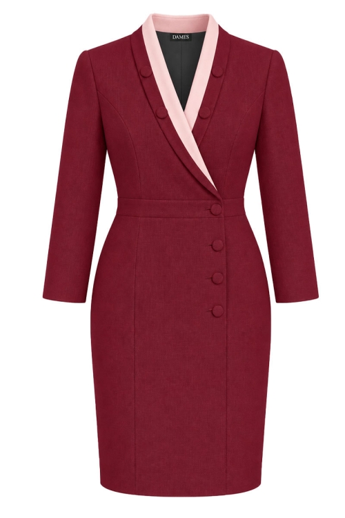 Rochie eleganta bordo din stofa fina Valeria cu guler sal contrastant