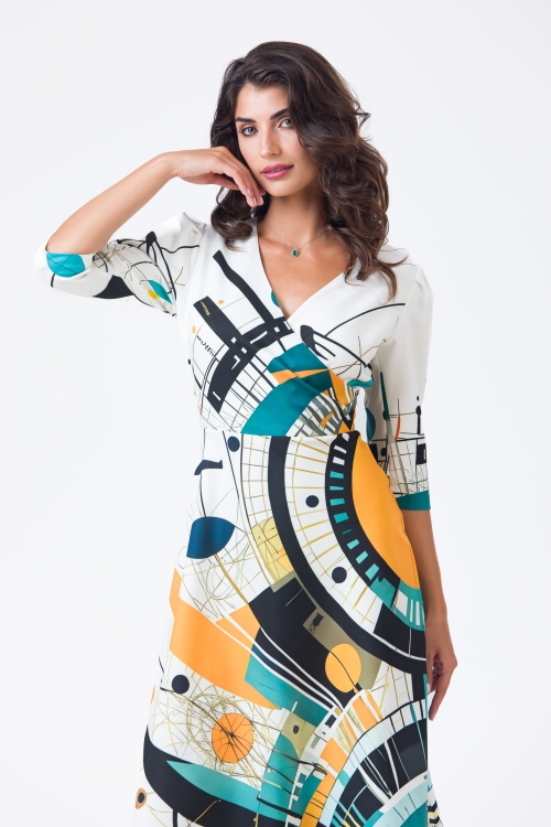 Rochie eleganta cu bust petrecut imprimata multicolor abstract AW24 - Img 3