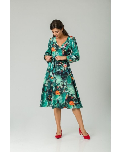 Rochie eleganta cu maneca lunga imprimata Flori de cactus CMD228 - Img 3
