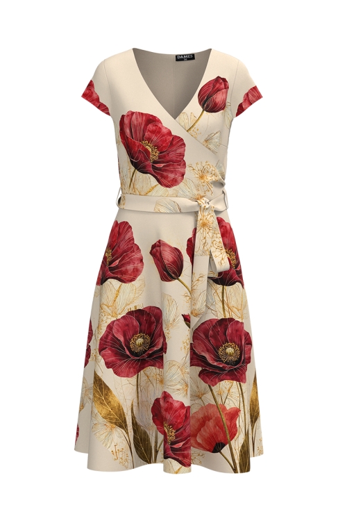 Rochie eleganta de vara cu maneca scurta imprimata flori de mac