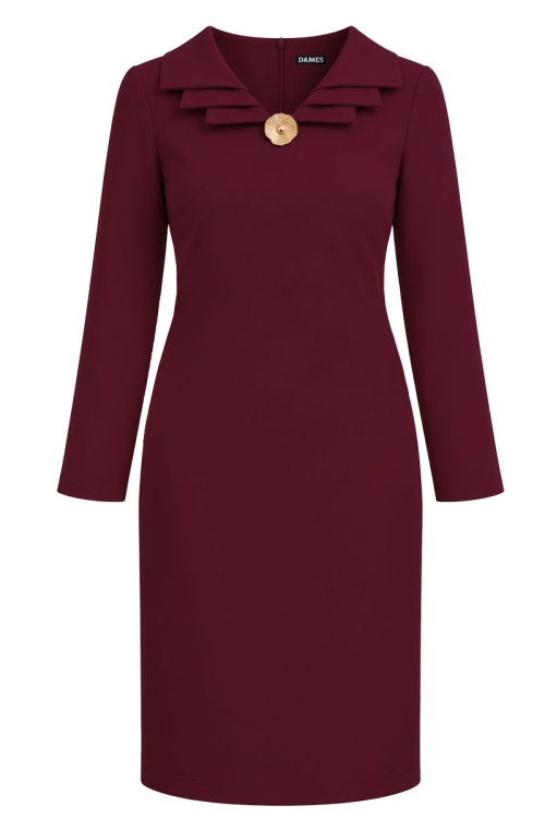 Rochie eleganta grena cu revere suprapuse si accesoriu decorativ