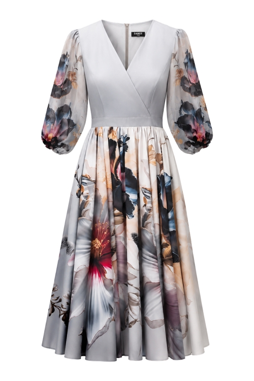 Rochie eleganta in nuante de gri si maneci bufante din organza