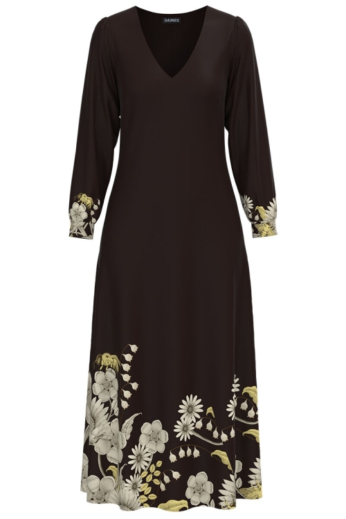 Rochie eleganta maro cu maneca lunga si imprimeu Floral CMD1326