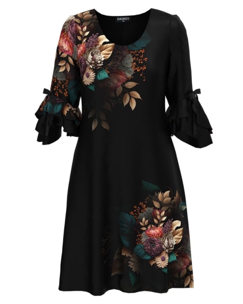 Rochie eleganta neagra cu imprimeu floral si maneci trei sferturi cu volane Stoc