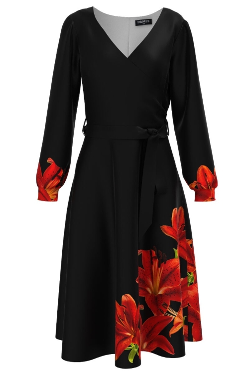 Rochie eleganta neagra cu maneca lunga imprimata Crini rosii CMD2297 - Img 2