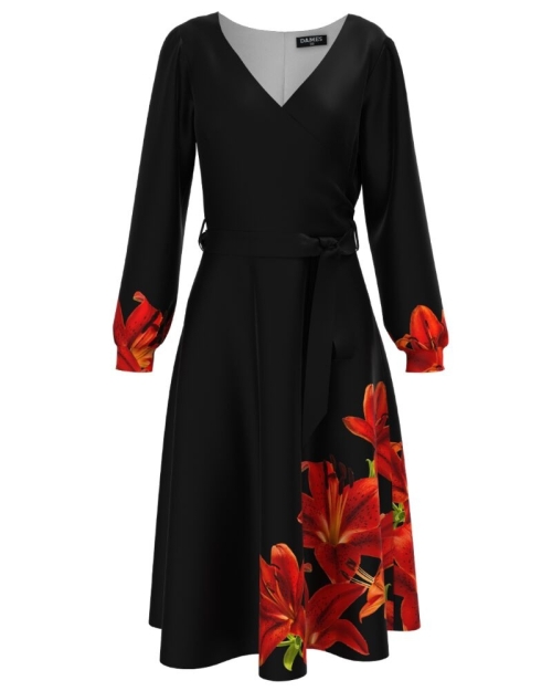 Rochie eleganta neagra cu maneca lunga imprimata Crini rosii CMD2297 - Img 1