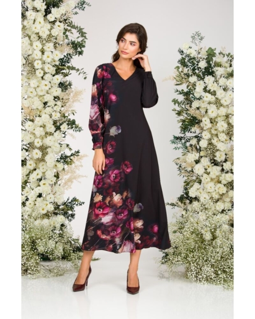 Rochie eleganta neagra cu maneca lunga si imprimeu Floral CMD1401 - Img 1