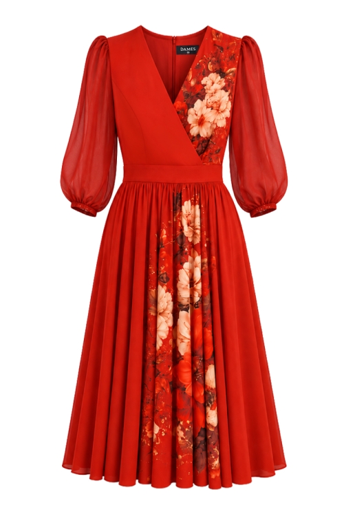 Rochie eleganta rosie cu imprimeu floral si maneci bufante din organza