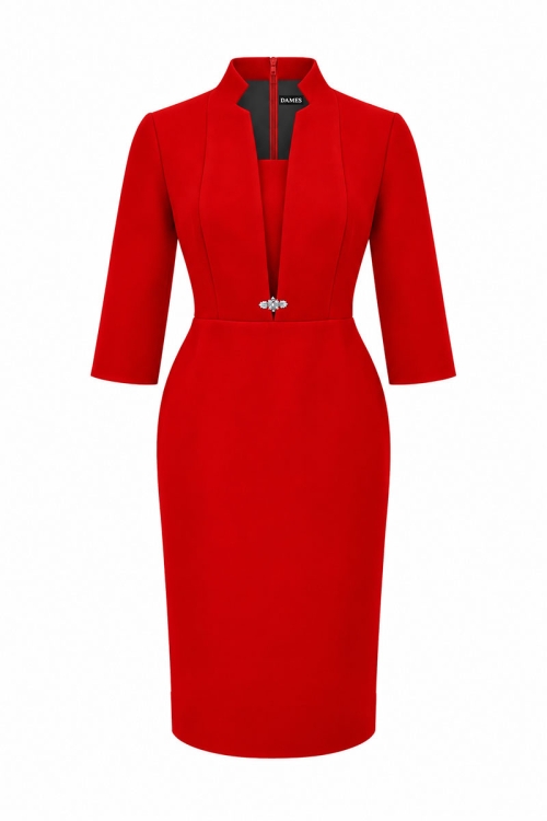 Rochie eleganta rosie cu rever si decolteu in V