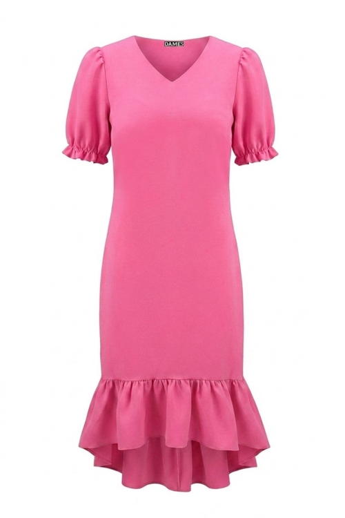 Rochie eleganta roz trandafiriu cu volan asimetric la terminatie