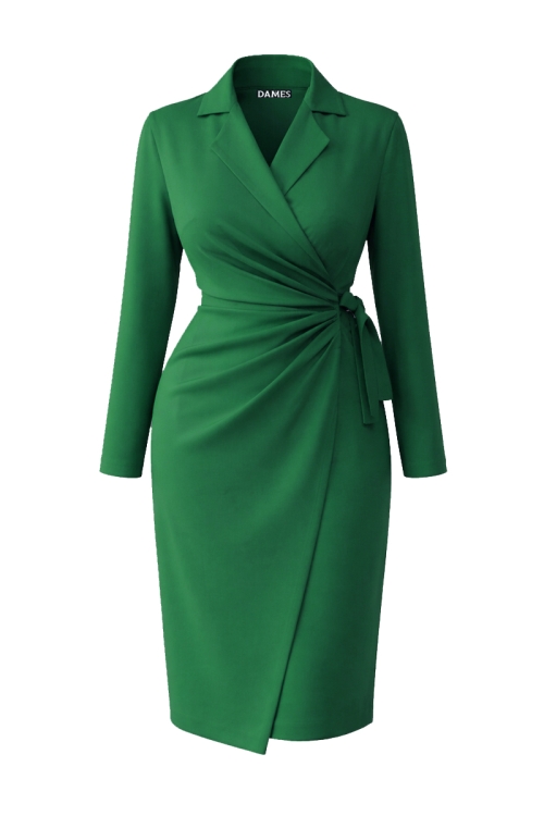 Rochie eleganta verde parte peste parte cu talie fronsata