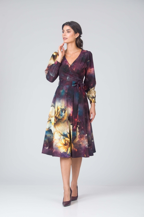 Rochie in nuante de mov visiniu eleganta cu maneca lunga imprimata floral - Img 3