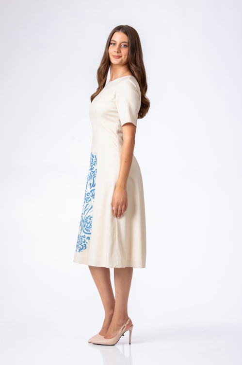 Rochie ivory eleganta in clini din crepe cu imprimeu Flori Art by Iulian COPACEL - Img 2