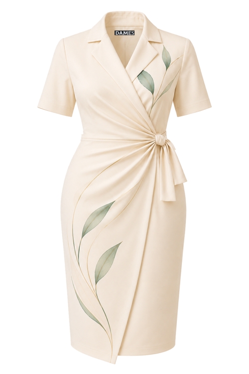 Rochie ivory eleganta parte peste parte cu maneca scurta imprimata frunze