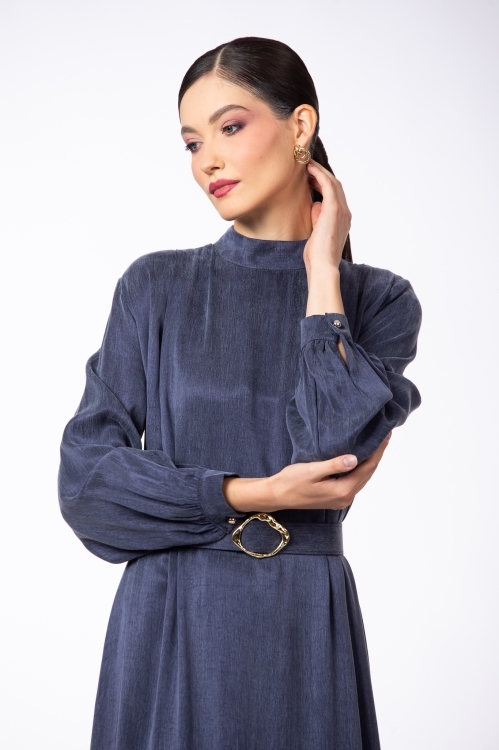 Rochie lunga bleumarin din vascoza si lyocell - Img 3