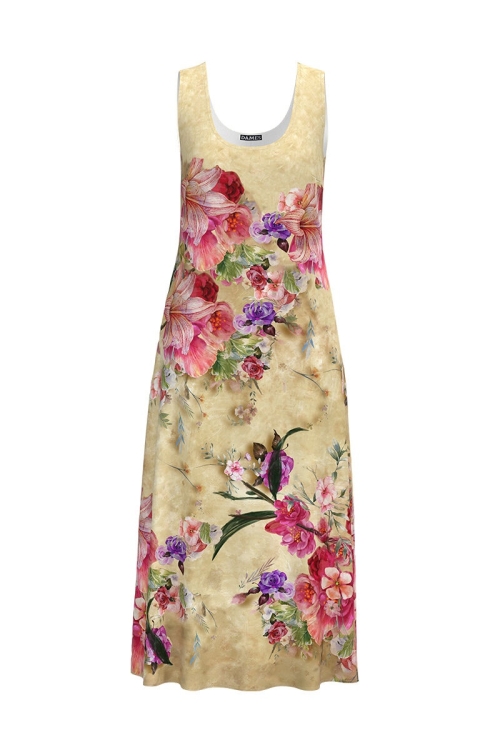 Rochie lunga casual de vara cu buzunare, bej imprimata cu model Floral CMD795 - Img 3