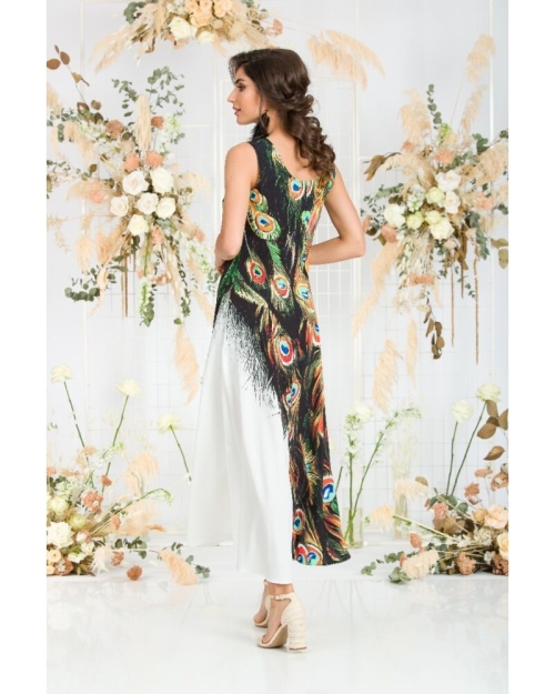 Rochie lunga casual de vara cu buzunare, multicolora imprimata cu model paun CMD805 - Img 7