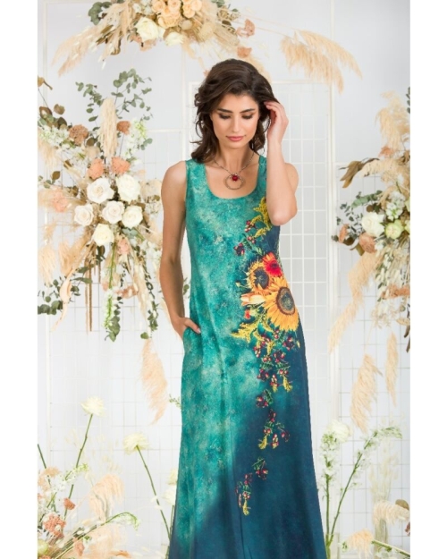 Rochie lunga casual de vara cu buzunare,verde imprimata cu model Floarea soarelui CMD802 - Img 7