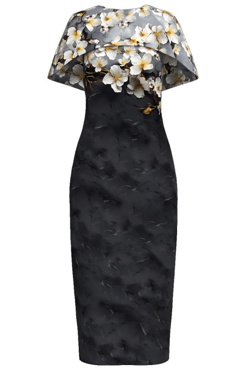 Rochie lunga cu capa detasabila imprimata in nuante de gri CMD4864