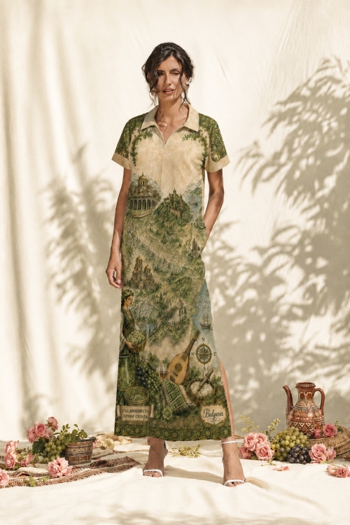 Rochie lunga de vara cu buzunare imprimata Cartolina Bulgaria